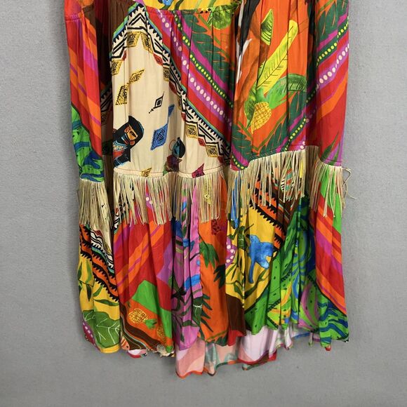Farm Rio Dress Womens Large Bright Palila Fringed Midi Tropical Boho Beaded Loud - Picture 13 of 16